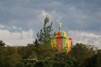 A church painted in the colours of the Ethiopian flag